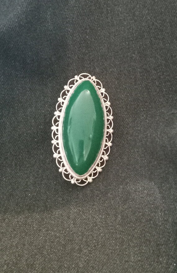 Vintage Sterling Silver with green onyx, filigree… - image 2