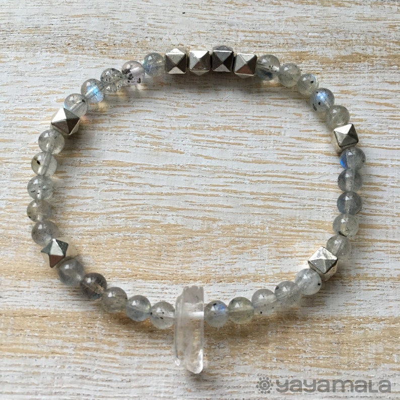 Wood Bracelet Mala Bracelet Gemstone Bracelet Labradorite Bracelet Pyrite Bracelet Sandalwood Bracelet Boho Bracelet Quartz Point