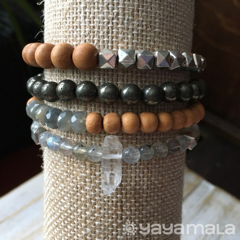 Wood Bracelet Mala Bracelet Gemstone Bracelet Labradorite Bracelet Pyrite Bracelet Sandalwood Bracelet Boho Bracelet Quartz Point