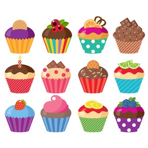 Clipart de cupcake. Graphique de bonbons vectoriels. Bonbons, anniversaire, fête, cupcake clip art. Images numériques de cupcakes