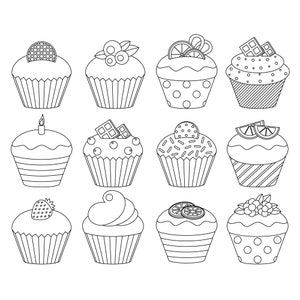 Timbres numériques Cupcakes. Cupcakes art au trait. Contours des cupcakes. Coloriage pour enfants. Images numériques, téléchargement instantané.