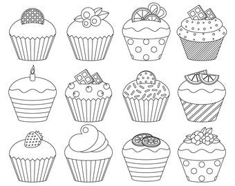 Cupcakes digital stamps. Cupcakes line art. Cupcakes outlines. Children&#39;s coloring. Digital images, instant download.