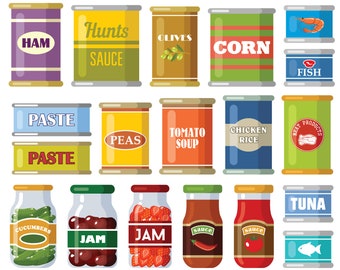 Canned food сlipart. Fruit jam, canned vegetables. Vector canned food graphic. Jam jars digital images