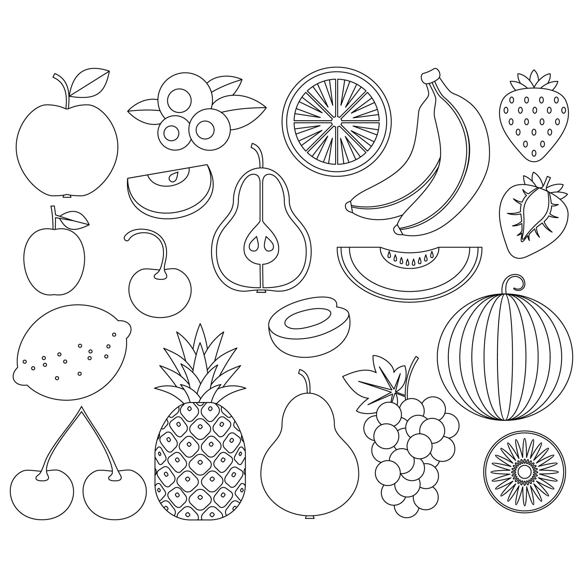 Fruits digital stamps. Fruits line art. Fruits outlines. Digital images,  instant download.