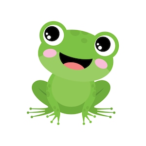 May include: A cartoon illustration of a green frog with a big smile and large eyes. The frog is sitting on a white background.