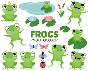 Frogs сlipart. Vector frogs graphic. Frogs, water lily, butterflies, lake, pond, cute frogs. Digital images