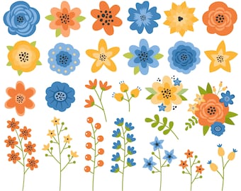 Floral Elements Clipart. Flowers, leaves, buds, spring flowers. Vector flowers graphic. Digital images