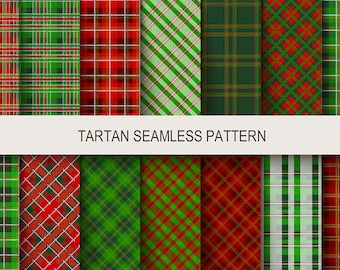 May include: A set of 12 seamless tartan patterns in red, green, and white. The patterns are arranged in two rows of six. "Tartan Seamless Pattern" is written in white text on a gray background.