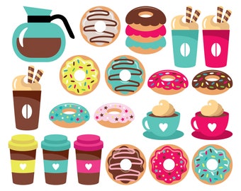 Donuts сlipart. Café сlipart. Gráfico de rosquinhas. Clip-art de comida. Imagens digitais, download instantâneo.