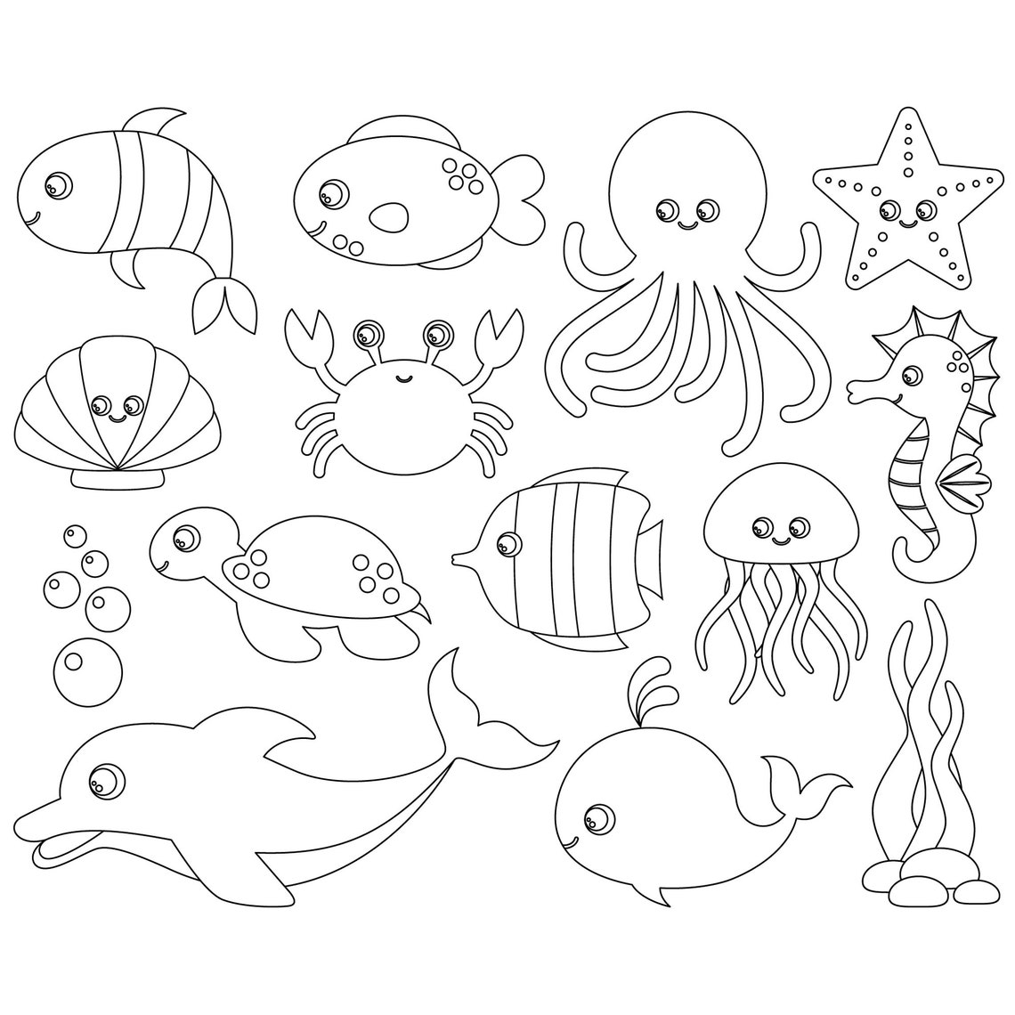 Meerestiere digitale Stempel. Meerestiere Line Art. Meerestiere Umrisse