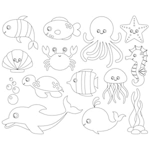 Sea animals digital stamps. Sea animals line art. Sea animals outlines. Crab, sea horse, fish, dolphin, whale, starfish, jellyfish, turtle.