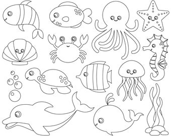 Sea animals digital stamps. Sea animals line art. Sea animals outlines. Crab, sea horse, fish, dolphin, whale, starfish, jellyfish, turtle.