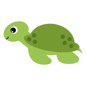 May include: A cartoon illustration of a green sea turtle with a smiling face and black eyes. The turtle is swimming to the right.