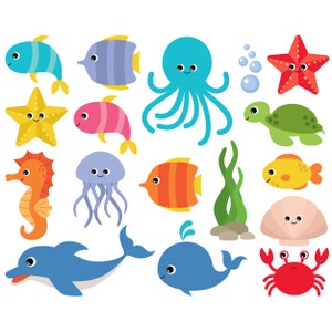 Seetier Clipart. Vektor Ozean & Meerestier Grafik. Schildkröte, Krabbe, Fische, Oktopus, Seepferdchen, Bausatz, Delfin. Digitale Bilder
