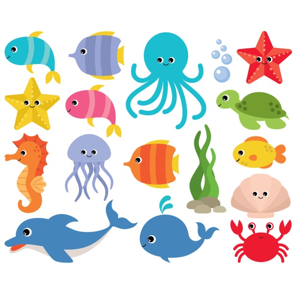 Clipart di animali marini. Grafica vettoriale dell'oceano e degli animali marini. Tartaruga, granchio, pesce, polpo, cavalluccio marino, kit, delfino. Immagini digitali