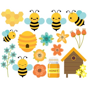 May include: A set of bee-themed illustrations featuring a beehive, honey jar, flowers, and bees. The bees are yellow with black stripes and have cute faces. The flowers are in shades of blue, orange, and yellow. The honey jar is labelled "Honey".