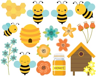 Bees сlipart. Cute bees, honey, beehive, bumblebees. Vector bees graphic. Digital images
