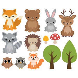 Clipart de woodland. Animaux des bois, arbres, champignons graphiques. Ours, renard, raton laveur, lièvre, écureuil, cerf, hérisson. Images numériques