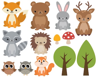 Woodland clipart. Woodland animals, trees, mushrooms graphic. Bear, fox, raccoon, hare, squirrel, deer, hedgehog. Digital images