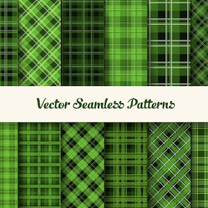 May include: Set of ten green and black plaid seamless patterns. The patterns are in a variety of styles, including horizontal, vertical, and diagonal stripes.
