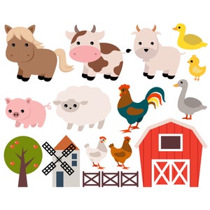 Farm animals сlipart. Vector farm animals graphic. Cow, horse, goat, rooster, goose, pig, duck, sheep. Digital images, instant download.