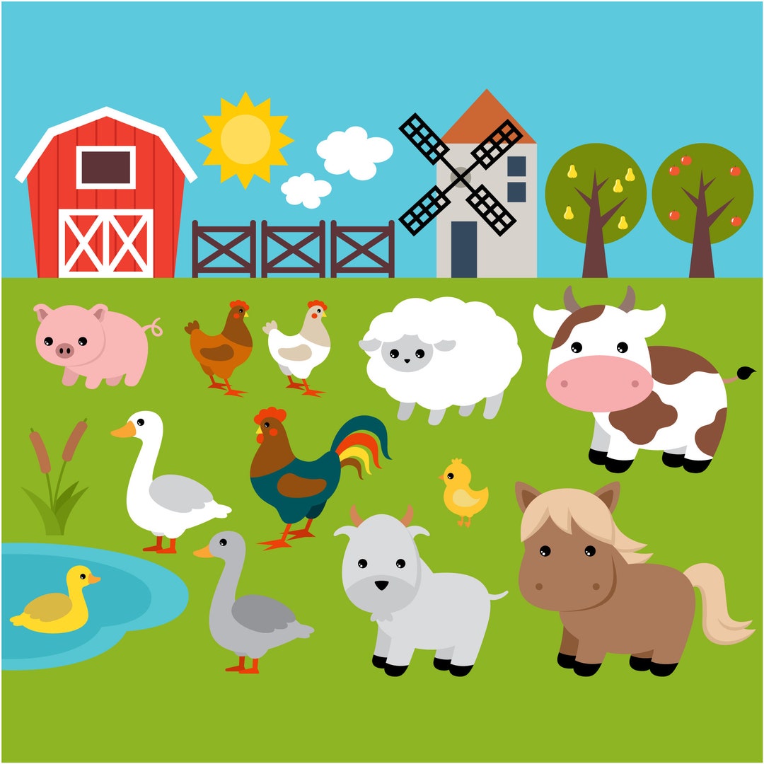 fumetto illustrazione di un gruppo di animali da fattoria. animali da fattoria scenici, mucca, maiale, cavallo, pollo, gallina, anatra, pecora, gatto, cane 4642055 Arte vettoriale a Vecteezy
