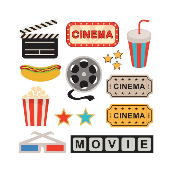 Cinema Clipart. Digital Cinema. Cinema Vector. Ticket, Popcorn, Hot Dog,  Drink 