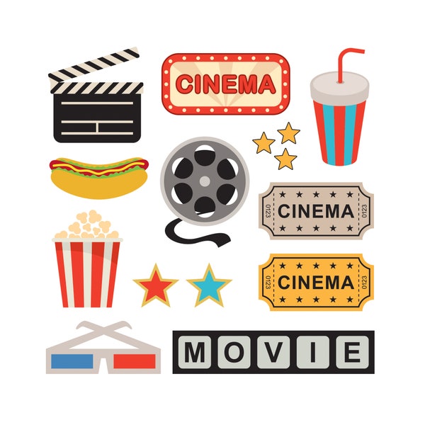 Cinema Clipart. Digital cinema. Cinema vector. Ticket, Popcorn, Hot Dog, Drink