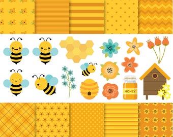 Bees сlipart. Patterns. Cute bees, honey, beehive, bumblebees. Vector bees graphic. Digital images