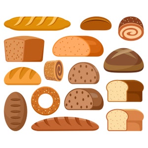 Clipart di prodotti da forno. Pane, baguette, bagel. Grafica vettoriale del pane. Immagini digitali