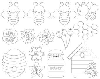 Bees digital stamps. Bees line art. Bees outlines. Digital images, instant download.