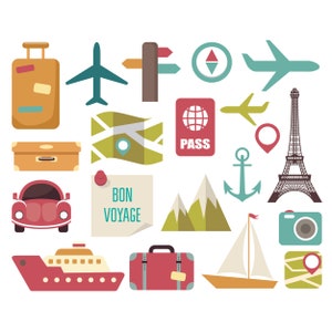 Clipart de viaje. Maleta, avión, coche, barco, mapa. Gráfico vectorial de vacaciones. Imágenes digitales