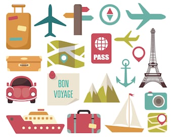 Travel clipart. Suitcase, airplane, car, ship, map. Vector vacation graphic. Digital images