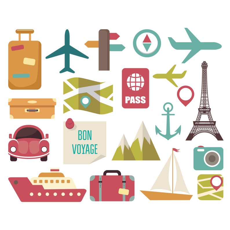 Travel Clipart. Suitcase, Airplane, Car, Ship, Map. Vector Vacation ...