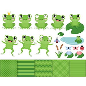 Puede incluir: Un conjunto de ilustraciones de ranas verdes con diferentes expresiones, incluyendo una rana con una corona. También hay ilustraciones de nenúfares, mariposas, una mariquita, una abeja, juncos y un estanque. Las ilustraciones están sobre un fondo blanco y son perfectas para proyectos de manualidades.