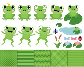 Frogs сlipart. Vector frogs graphic. Frogs, water lily, butterflies, lake, pond, cute frogs. Patterns. Digital images