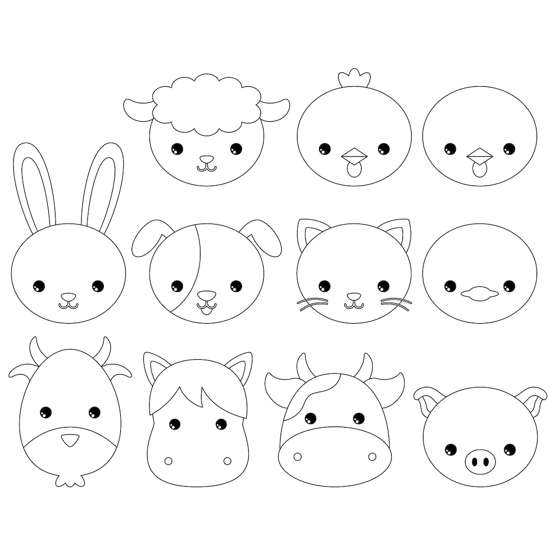 Farm Animals Faces Digital Stamps. Farm Animals Faces Line Art. Farm ...