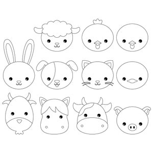 Farm animals faces digital stamps. Farm animals faces line art. Farm animals faces outlines. Children&#39;s coloring. Instant download.