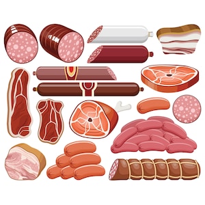 Fleischprodukte сlipart. Vektor Wurst Grafik. Würstchen, Ham Clipart. Digitale Bilder