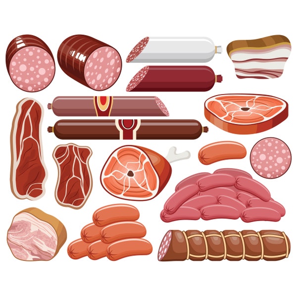 Fleischprodukte сlipart. Vektor Wurst Grafik. Würstchen, Ham Clipart. Digitale Bilder