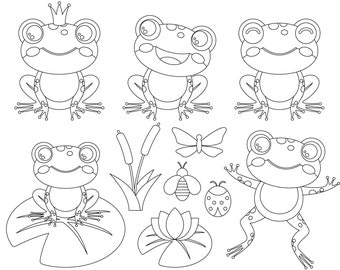 Frogs digital stamps. Frogs line art. Frogs outlines. Digital images, instant download.