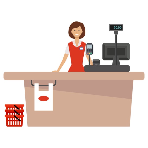 Cashbox clipart. Cashier woman in supermarket. Market. Seller. Vector seller graphic. Digital images, instant download.
