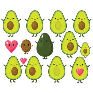 May include: A group of cartoon avocados with different expressions, some holding hearts. The avocados are green with brown pits and have small arms and legs.
