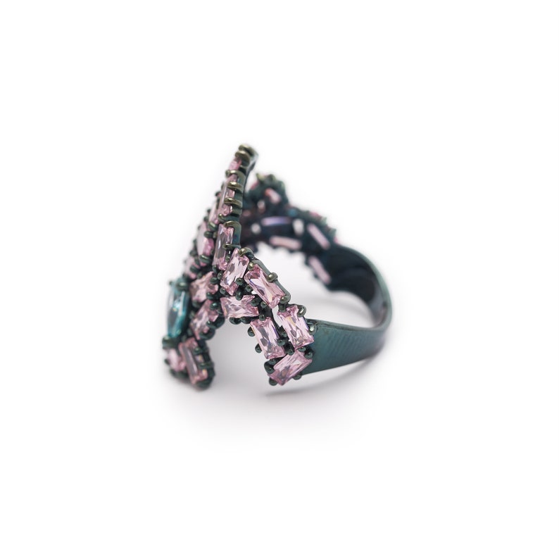 Multistone baguette cocktail ring Gorgeous fine costume jewelry Lavender stone ring Wide statement ring Unique designer jewelry