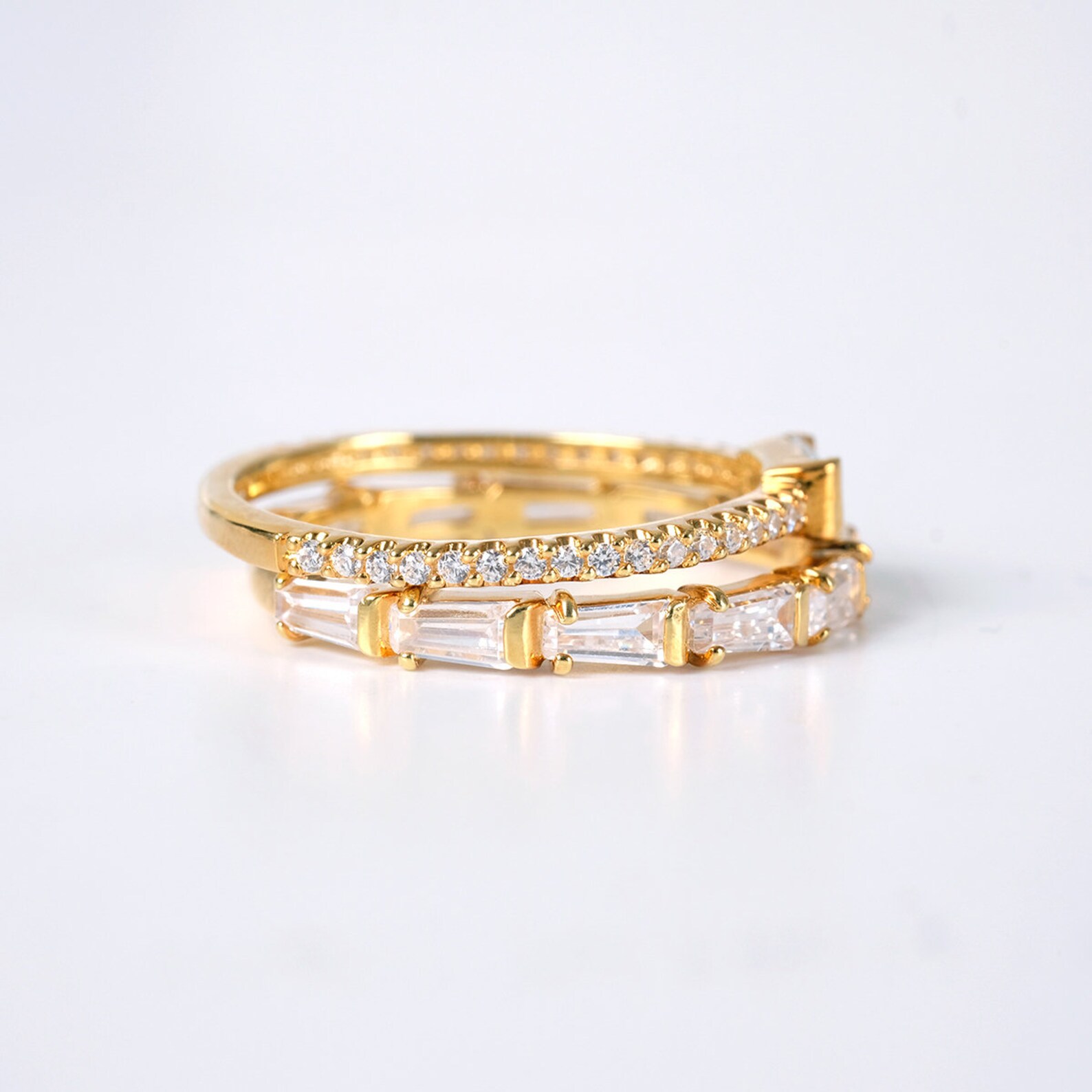 Stackable baguette ring set Gold plated stacking ring Stack Etsy