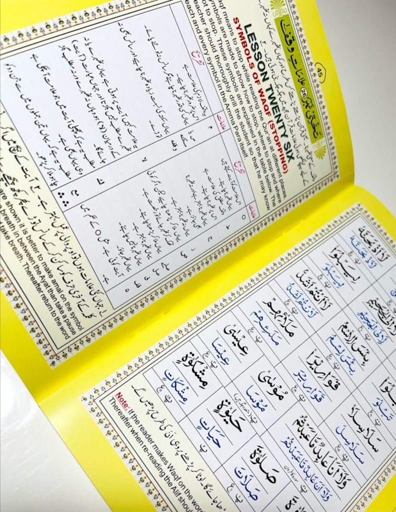 May include: A yellow and white book with the title "Lesson Twenty Six Symbols of Waqf (Stopping)" and a table of Arabic text with symbols. The book is open to a page with a table of Arabic text and symbols.