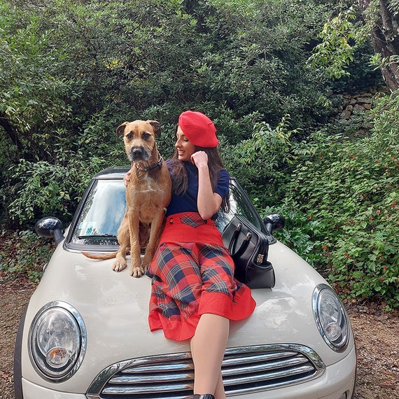 Red Scottish vintage skater skirt, made in France,