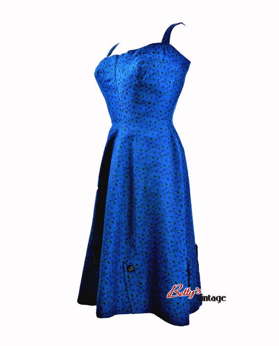 50s vintage electric blue cocktail dress. Thin st… - image 10