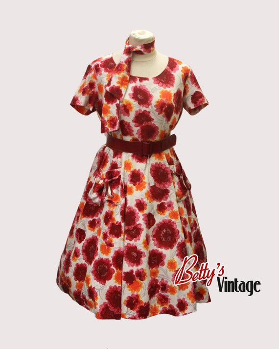 Vintage dress 1950 rockabilly with red flower, 195