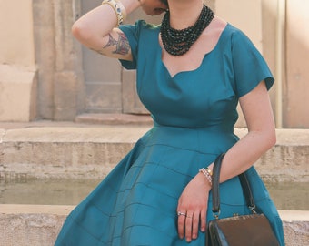 Retro dark blue silk dress, vintage 1950 made in USA by Jonathan Logan